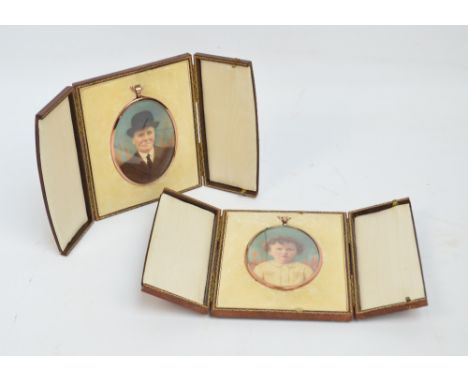Two early 20th century oval portrait miniatures on photographic bases, of a gentleman in a hat and a young boy in smocked shi