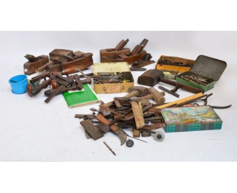 Five boxes of woodworking tools, including chisels, planes, drill bits, mallets, etc.
