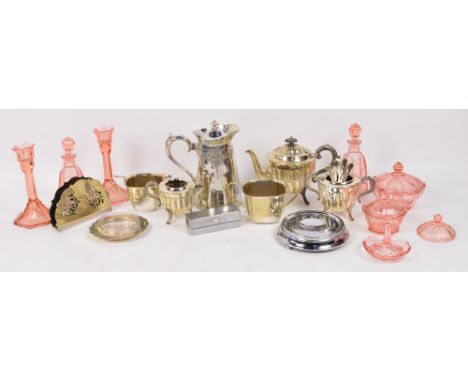 A small quantity of plated items including a three piece tea set, other tea wares, butter dish, letter rack, etc, and a pink 
