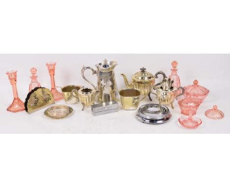 A small quantity of plated items including a three piece tea set, other tea wares, butter dish, letter rack, etc, and a pink 