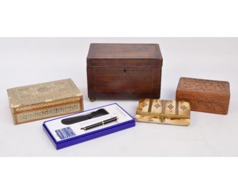 A 19th century mahogany and inlaid rectangular tea caddy on brass bun feet (for restoration), three decorative boxes and a mo