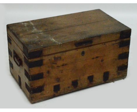 A vintage metal bound trunk.