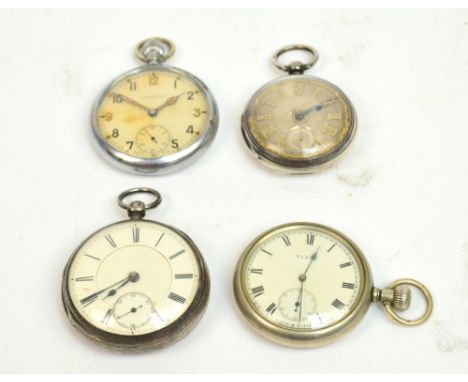 A hallmarked silver cased manual wind open faced pocket watch with unmarked movement, the white enamel dial set with Roman nu