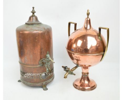 Two early 20th century copper tea urns, one of globular design with twin handles and flaming finial, the other circular examp
