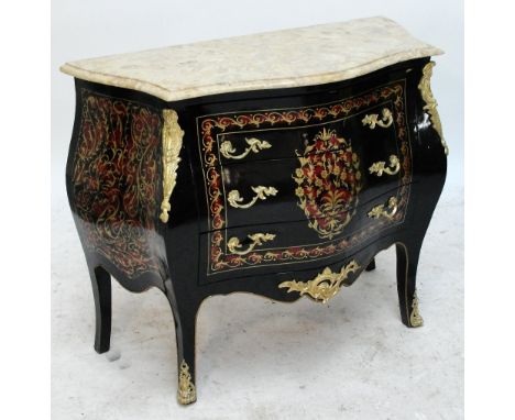 A reproduction black and gold painted marble topped bombe three drawer commode with ornate gilt metal mounts on cabriole legs