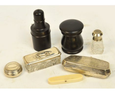 A mixed lot of collectables comprising a ivorine toothpick box with yellow metal cartouche engraved with initials, width 8cm 