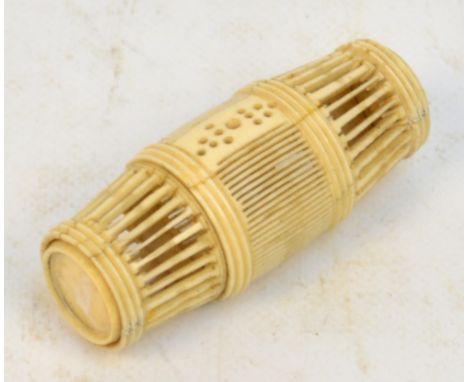 A Japanese Meiji period turned bone cricket cage with pierced barrel shaped end sections and screw cap, length 7cm.