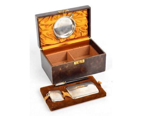 An unusual smoker's travelling silver set comprising circular bowl, silver mounted cheroot holder, vesta case and cheroot cas
