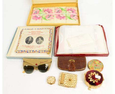 A vintage jewellery box, ring box and a compact with lipstick by Stratton and another compact, a leather purse, a cased pair 