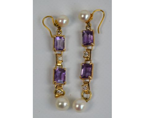 A pair of yellow metal amethyst diamond and pearl drop earrings, each set with a cultured pearl top and bottom with two recta