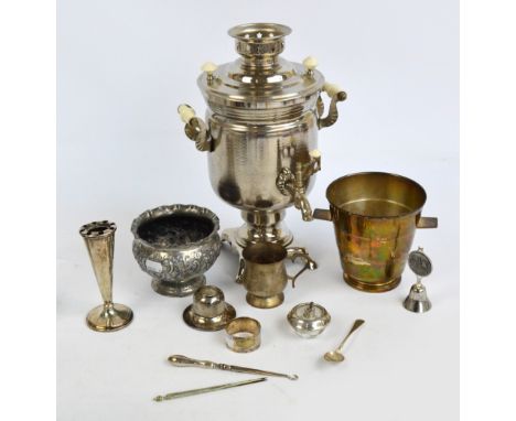 A mixed lot including a George V hallmarked silver circular inkwell, with sliding cover and engine turned decoration, diamete