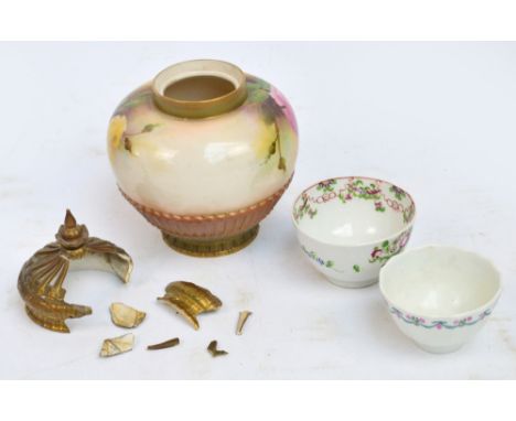 A Royal Worcester pot pourri of squat baluster form with basket ware to the bottom and rose decoration (lid badly af), and tw