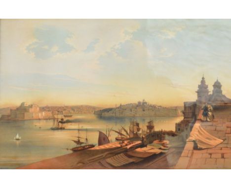 After DU MONCEL; a coloured print, harbour scene, 32 x 48cm, framed and glazed.