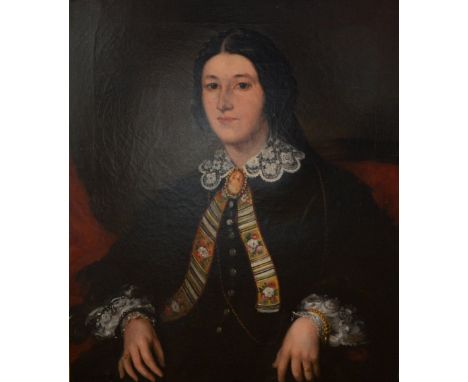 19TH CENTURY ENGLISH SCHOOL; oil on canvas, portrait study of a woman wearing lace trimmed jacket, unsigned, 74 x 62cm, frame