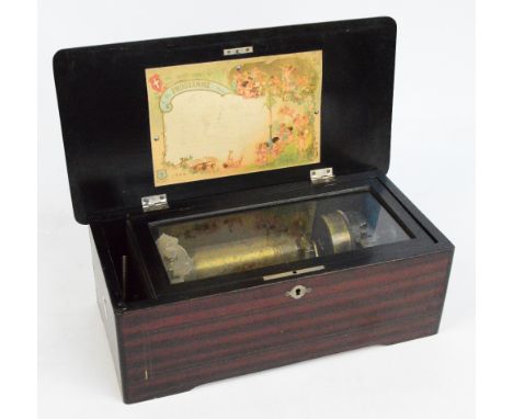 A late 19th century Swiss eight air musical box, the simulated rosewood hinged lid with faded list of eight airs above 14.5cm