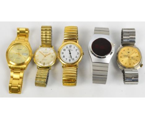 Three vintage gentleman's manual wind wristwatches comprising Pulsar, Accurist and Lonstar and two Quartz examples (5).