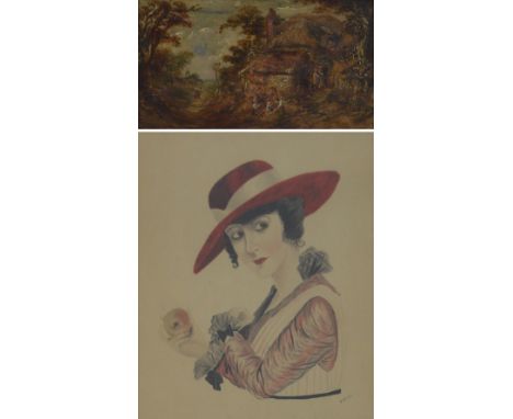 H.W.; watercolour, portrait study of a young woman holding an apple looking away wistfully, initialed and date 1916 lower rig