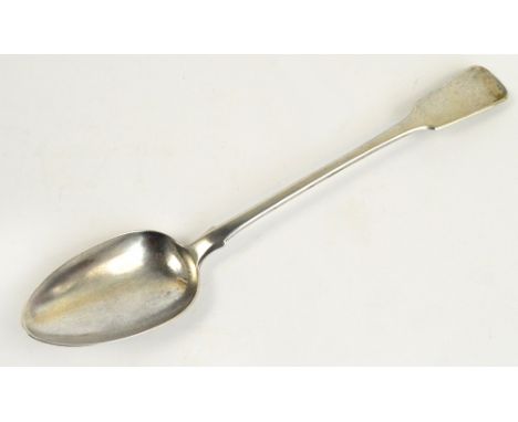 A William IV hallmarked silver fiddle pattern basting spoon engraved HEG to the finial, probably Francis Higgins II, London 1