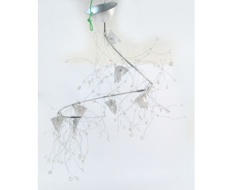 A contemporary wirework light fitting with facet cut perspex spheres, length of drop 108cm.