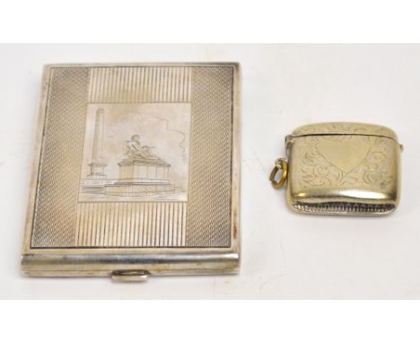 A Polish silver rectangular cigarette case with engine turned decoration and engraved with a commemorative monument, with pre