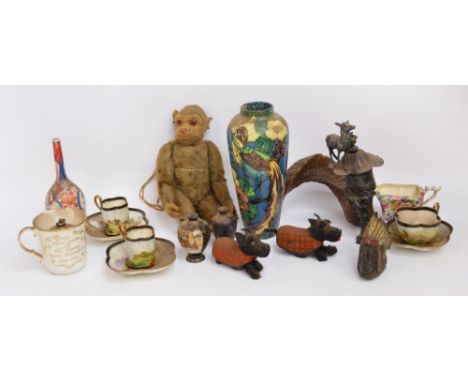 A mixed lot of collectables including an early 20th century straw filled monkey, a ram's horn pewter mounted ink well (af), v