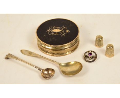 A George V hallmarked silver circular trinket box, with tortoiseshell Picquot ware set detachable lid, maker C&A, London 1925