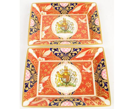A pair of Royal Worcester porcelain rectangular dishes commemorating the 50th anniversary of Elizabeth II's accession to the 