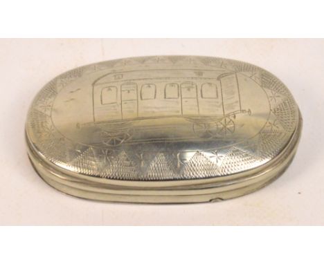 A mid 19th century white metal oval snuff box engraved with a train carriage to one side, and the name "A. Davies" to the rev