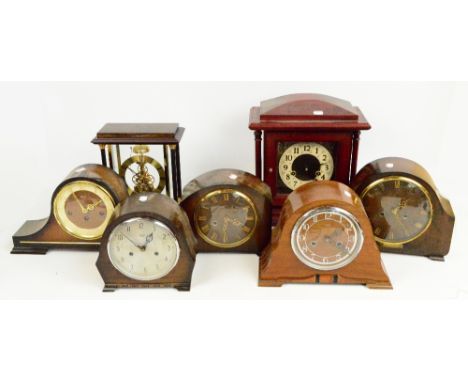 Five early 20th century mantel clocks including four Smiths examples, also two modern clocks (7).