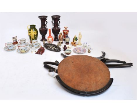 A group of Oriental ceramics including four Japanese hand painted coffee cans and saucers, a small Satsuma bottle vase, a res