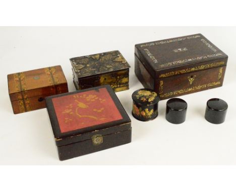 A rosewood mother of pearl inlaid rectangular jewellery box (lacking shelf), three circular trinket boxes, a walnut inlaid bo