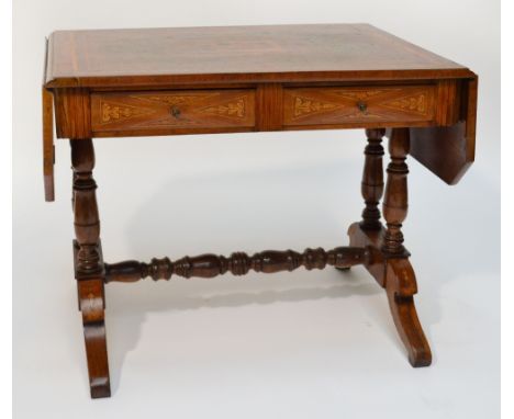 A late 19th century Continental walnut and marquetry inlaid sofa table, the rectangular top centred with a painted panel of f