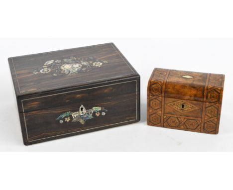 A Victorian coromandel veneered mother of pearl inlaid sewing box, width 29.5cm (for restoration) and a walnut and inlaid dom