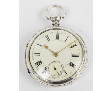 A Victorian hallmarked silver key wind open face pocket watch, the white enamel dial set with Roman numerals and subsidiary s