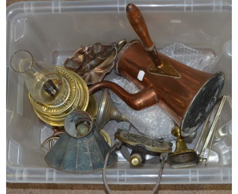 A small quantity of metalware to include a brass oil lamp, candlestick, copper, etc.