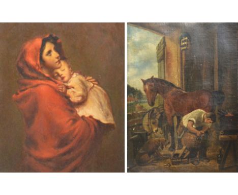EARLY 20TH CENTURY ENGLISH SCHOOL; oil on canvas, blacksmith shoeing a mare, 37 x 30cm, unsigned and a further study of a you