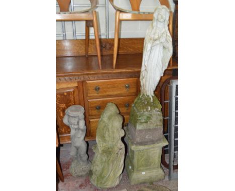 Two reconstituted stone garden figures depicting Mother Mary, height 76cm and lovers on a plinth, height 115cm, also a simila