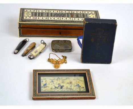 A small quantity of collector's items comprising three pocket knives, one with mother of pearl handle and hallmarked silver b