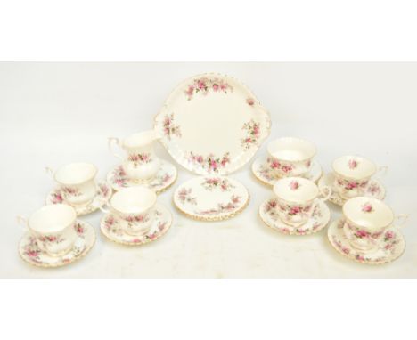 A Royal Albert "Lavender Rose" part tea service comprising sandwich plate, six side plates, six saucers, six cups and sugar a