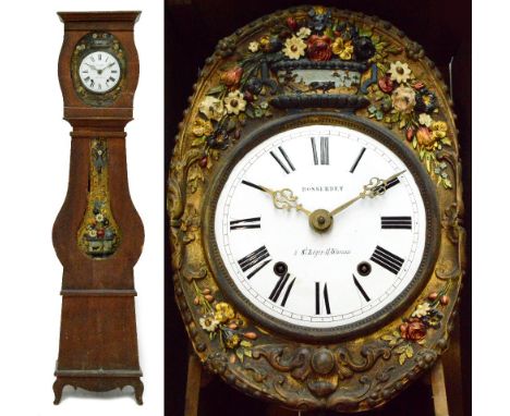 A 19th century French provincial pine eight day longcase clock with circular white enamel dial set with Roman numerals and in