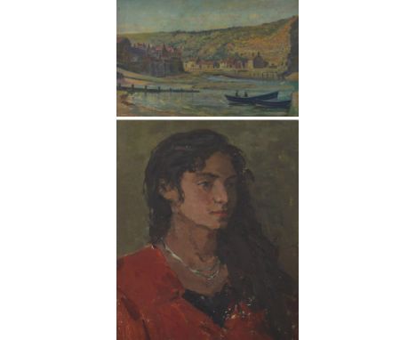 20TH CENTURY RUSSIAN SCHOOL; oil on card, portrait of a young woman, unsigned, 42 x 32cm and a decorative coastal oil, 24 x 3