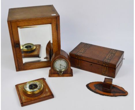 An oak small cabinet with mirrored door, a walnut work box for restoration, a small lancet shaped Smiths timepiece, a baromet