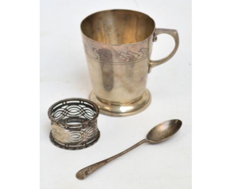 A George VI hallmarked silver christening mug, London 1945, a silver napkin ring, and a silver teaspoon, approx 4.5ozt (3).