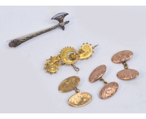A Victorian 9ct gold bar brooch with applied floral decoration and centred with a crescent, approx 3.4g, a 9ct gold cufflink,