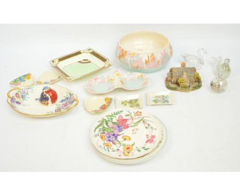 A quantity of decorative ceramics including a Royal Crown Derby paperweight robin with silver plug, a Tuscan china square Art