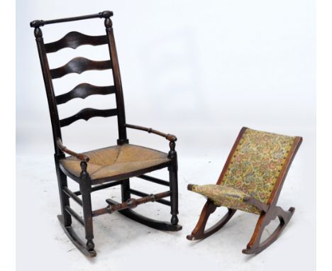 A 19th century oak ladder back rush seated rocking chair, and an upholstered stool (2).