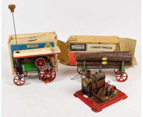 A boxed Mamod steam tractor, a boxed Mamod lumber wagon and an unboxed stationary steam engine (3).