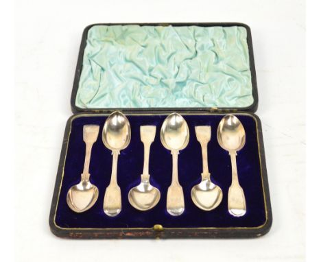 A cased set of six Victorian hallmarked silver fiddle and thread pattern teaspoons each with engraved initials to finial, Jos