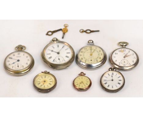 OMEGA; a silver plated cased open face pocket, the enamel dial set with Arabic numerals (dial af), a further open face pocket