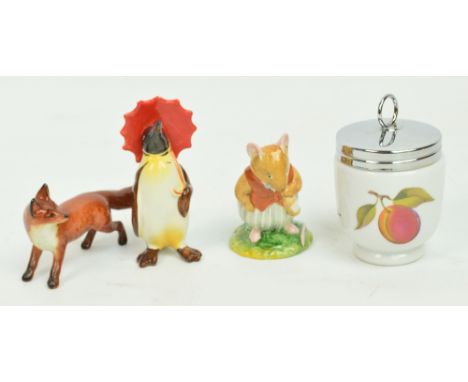 Two Beswick models; model 802, issued 1940-1973, penguin with red umbrella, and a model of a fox, a boxed Royal Doulton Bramb